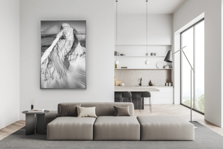 décoration salon suisse moderne - déco montagne photo grand format - Image de paysage de la Face Nord du Mont cervin Matterhorn en noir et blanc