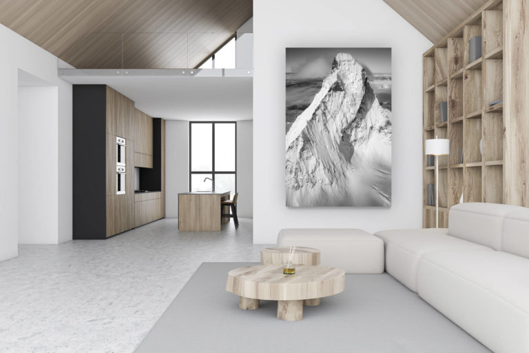 décoration chalet luxueux suisse - photo montagne grand format verticale - décoration murale design - Image de paysage de la Face Nord du Mont cervin Matterhorn en noir et blanc