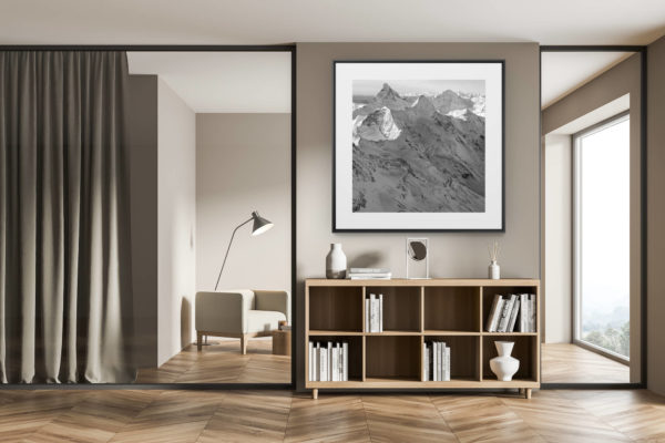 décoration chalet exclusif - tirage photo grand format - Photo de montagne en noir et blanc - Matterhorn - Obergabelhorn - Val d'Hérens