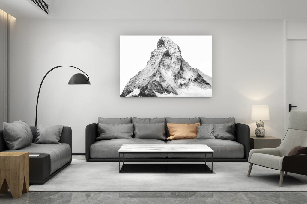 décoration salon contemporain suisse - cadeau amoureux de montagne suisse - Photo Mont Cervin enneigé en noir et blanc - Matterhorn depuis le Mattertal