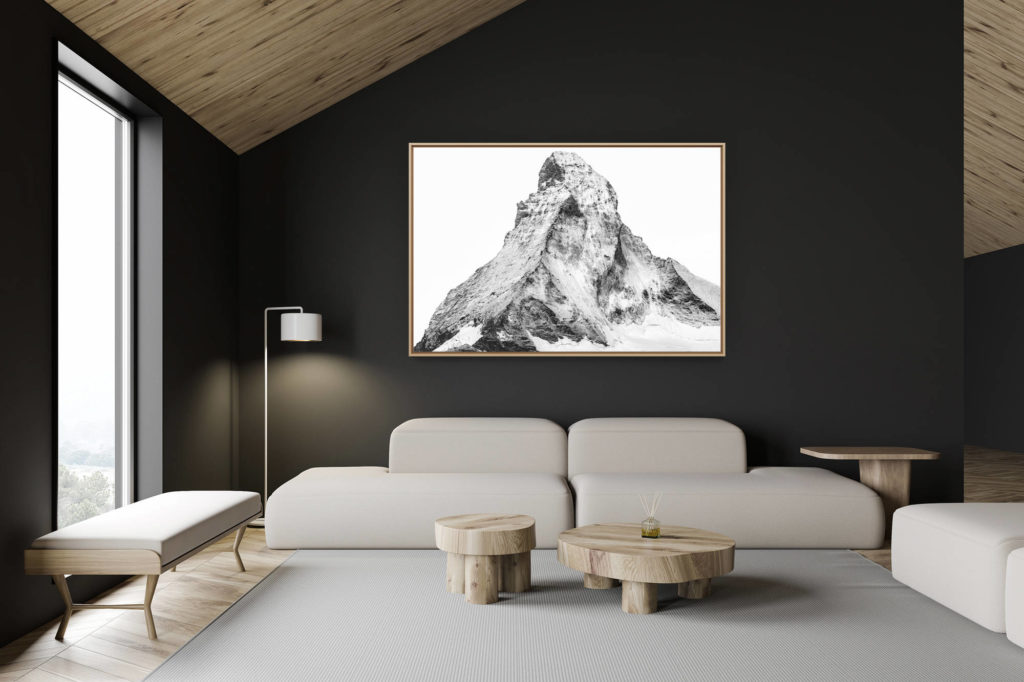 décoration chalet suisse - intérieur chalet suisse - photo montagne grand format - Photo Mont Cervin enneigé en noir et blanc - Matterhorn depuis le Mattertal