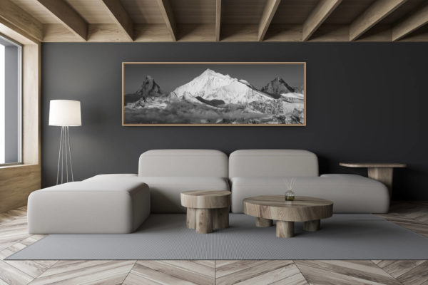 décoration salon chalet moderne - intérieur petit chalet suisse - photo montagne noir et blanc grand format - Photo vue Panoramique Dent blanche Valais Alpes Matterhorn