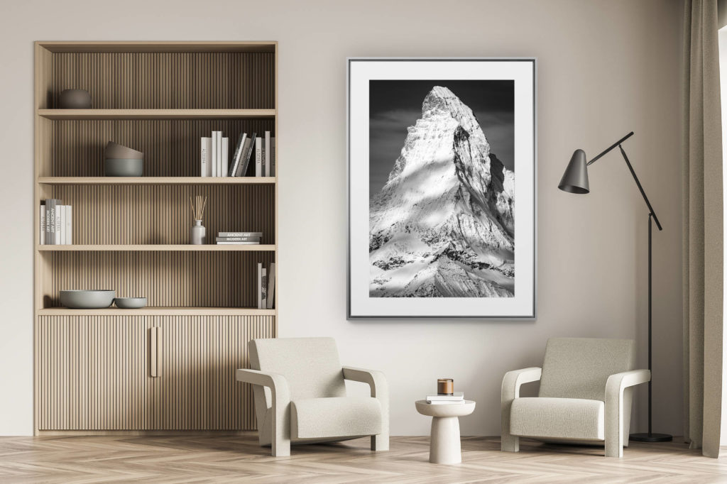 Wanddekoration Wohnzimmer - Bergfoto Schweizer Alpen schwarz und weiß - Foto Matterhorn Matterhorn Zebra vom Rothorn aus gesehen - Zermatt