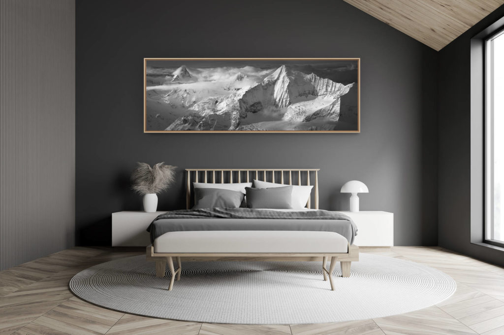 modern adult bedroom decoration in a small swiss chalet - large size mountain picture - Panoramic Swiss mountain picture Matterhorn - Zinalrothorn - Weisshorn - Zermatt Engadine