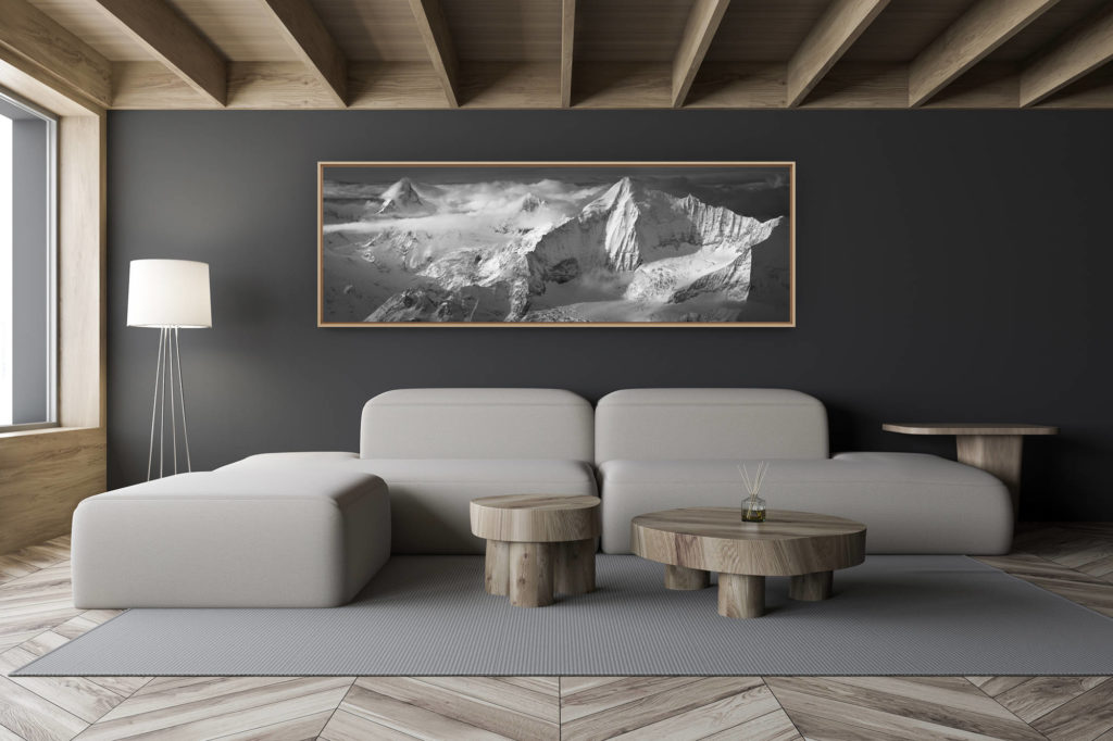 décoration salon chalet moderne - intérieur petit chalet suisse - photo montagne noir et blanc grand format - Photo montagne Suisse panoramique Matterhorn - Zinalrothorn - Weisshorn - Zermatt Engadine