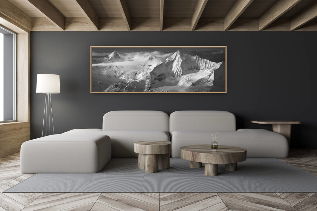 modern chalet living room decoration - small swiss chalet interior - black and white mountain picture large size - Swiss panoramic mountain picture Matterhorn - Zinalrothorn - Weisshorn - Zermatt Engadine