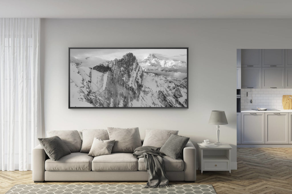 déco salon rénové - tendance photo montagne grand format - Miroir d'Argentine - Dents du Midi - Panorama montagne suisse dans une mer de nuages