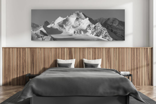 wall decorations for adult room - swiss chalet interior - large size picture of mountains in the swiss alps - Mischabels - Saas Fee Crans Montana - panoramic black and white view of Mischabels domain