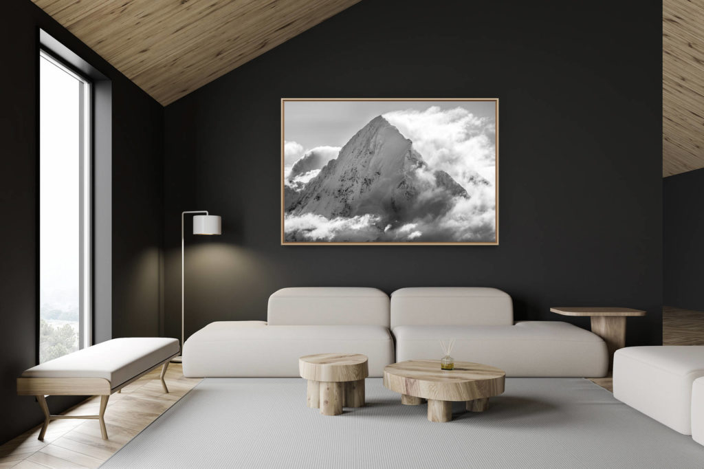 swiss chalet decoration - swiss chalet interior - large mountain picture - Monch - swiss mountain fog picture in a sea of clouds in black and white