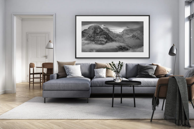 décoration intérieur salon rénové suisse - photo alpes panoramique grand format - Vue panoramique montagne Monch Eiger Jungfrau