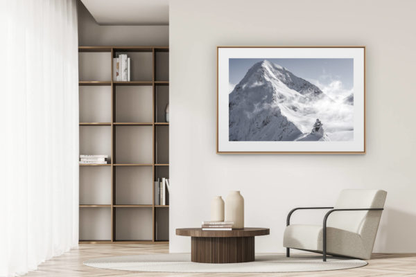 déco tendance salon moderne - photo montagne noir et blanc grand format - Observatoire du sphinx Monch - Grindelwald - photos montagnes suisses dans les nuages