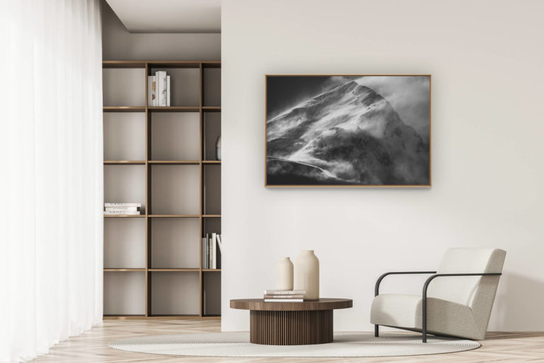 décoration appartement moderne - art déco design - Sommet Mont Blanc - Image noir et blanc de la Voie normale et la voie du gouter après une tempête de neige en montagne