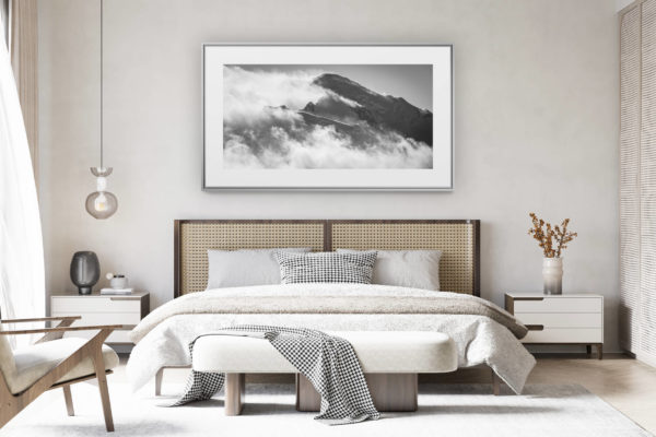 decorating a room in a renovated Swiss chalet - panoramic mountain photo - panoramic mont blanc - panoramic mont blanc flight in a sea of clouds and mist - Tacul et le Maudit