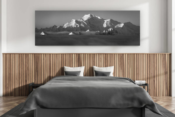 modern adult bedroom wall decoration - swiss chalet interior - large size mountain picture swiss alps - panoramic Mont-Blanc massif - black and white picture - mountain above the sea of clouds
