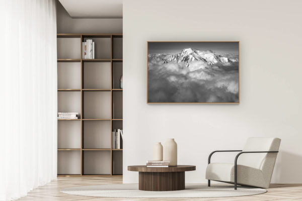 modern apartment decoration - art deco design - black and white mountain photo - mont-blanc massif - artistic photo of the alps mountains