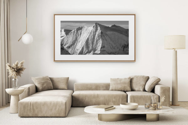 décoration salon clair rénové - photo montagne grand format - Mont Blanc de Cheilon - Photo encadrée d'un panorama montagne noir et blanc