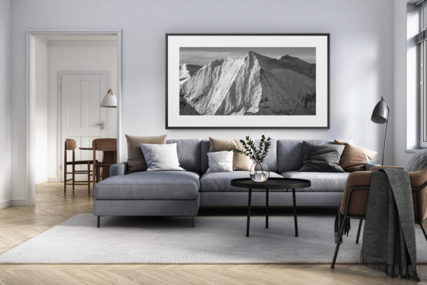 décoration intérieur salon rénové suisse - photo alpes panoramique grand format - Mont Blanc de Cheilon - Photo encadrée d'un panorama montagne noir et blanc