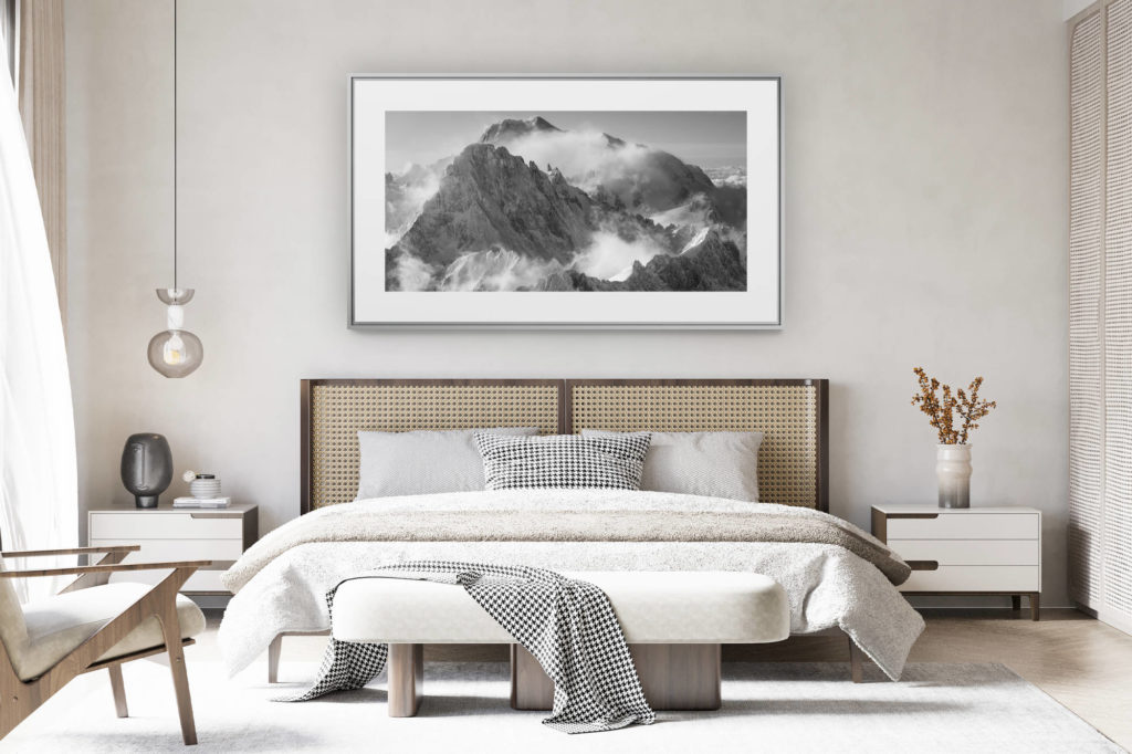 déco chambre chalet suisse rénové - photo panoramique montagne grand format - photo noir et blanc du mont blanc - Poster panoramique image mont blanc