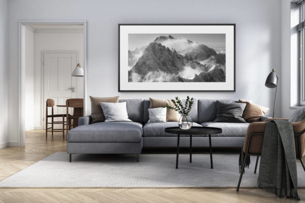 décoration intérieur salon rénové suisse - photo alpes panoramique grand format - photo noir et blanc du mont blanc - Poster panoramique image mont blanc