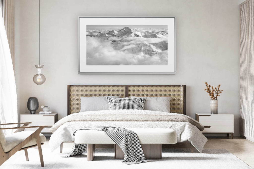 déco chambre chalet suisse rénové - photo panoramique montagne grand format - Panorama mont blanc - panorama montagne suisse massif du mont blanc panorama en noir et blanc