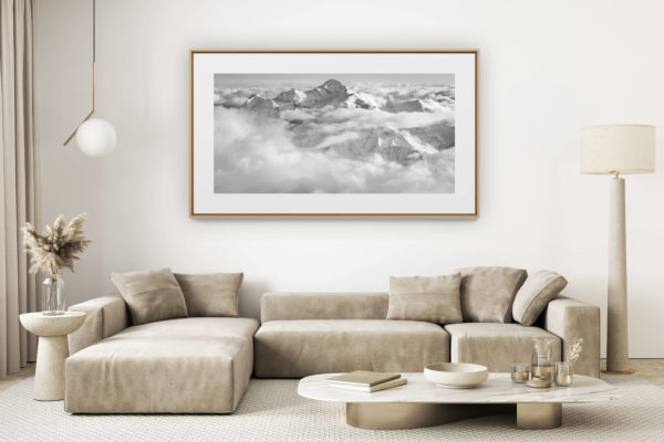 décoration salon clair rénové - photo montagne grand format - Panorama mont blanc - panorama montagne suisse massif du mont blanc panorama en noir et blanc