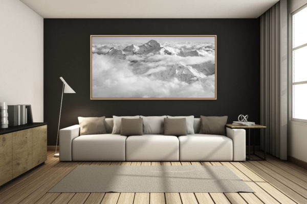 déco salon chalet rénové de montagne - photo montagne grand format -  - Panorama mont blanc - panorama montagne suisse massif du mont blanc panorama en noir et blanc