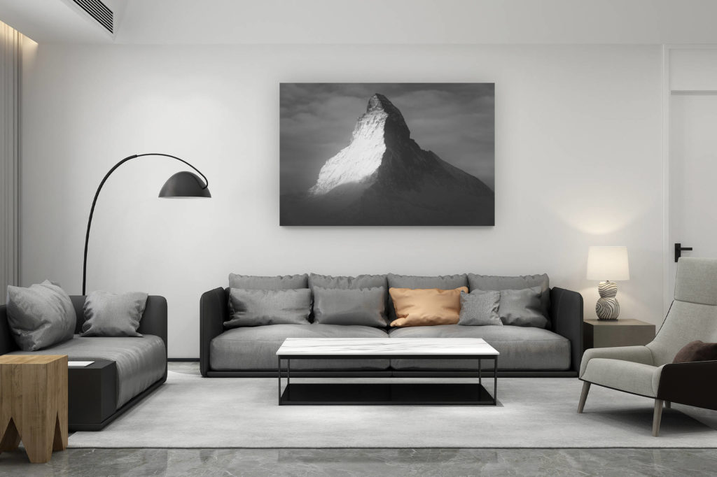 living room decoration contemporary - swiss mountain lover gift - The Matterhorn - black snow mountain pictures and summit in the mist