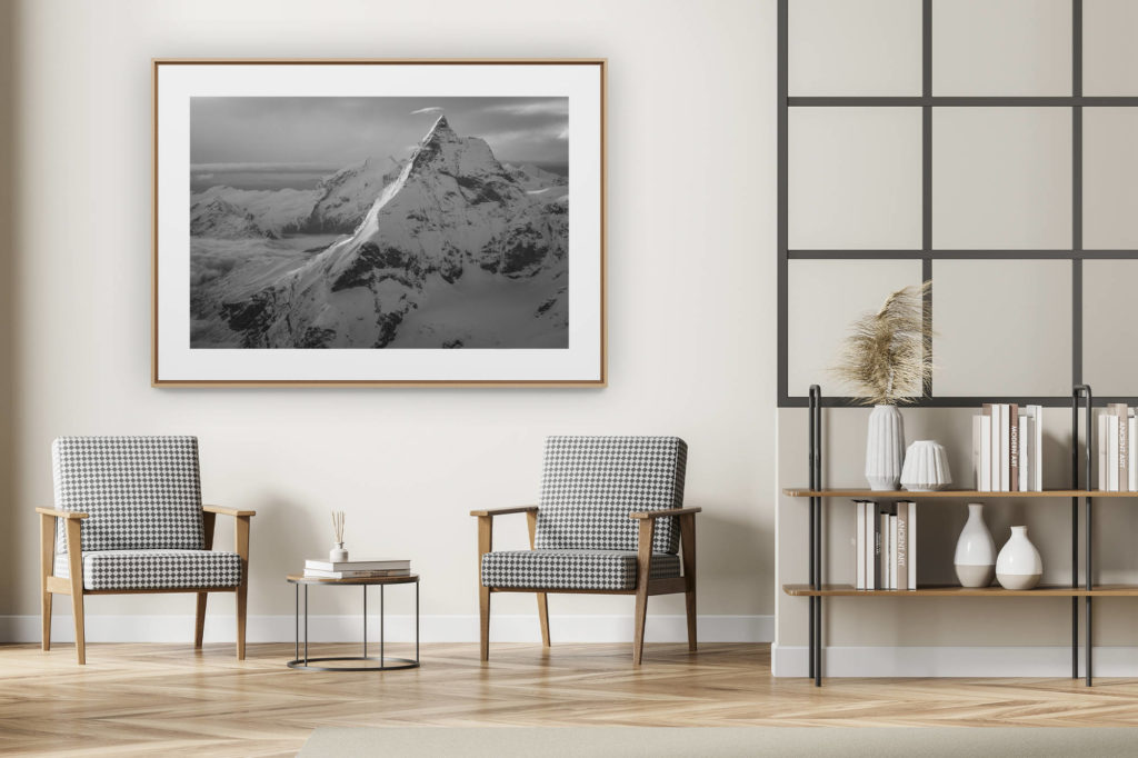 décoration intérieur moderne avec photo de montagne noir et blanc grand format - Mont Cervin - Sommet de montagne noir et blanc et nuage lenticulaire en Alpes Valaisannes Zermatt