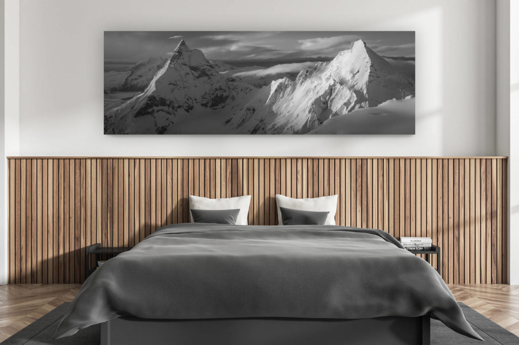 décoration murale chambre adulte moderne - intérieur chalet suisse - photo montagnes grand format alpes suisses - Panorama noir et blanc Cervin et Dent d'Hérens