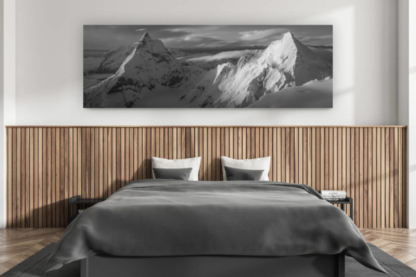 décoration murale chambre adulte moderne - intérieur chalet suisse - photo montagnes grand format alpes suisses - Panorama noir et blanc Cervin et Dent d'Hérens