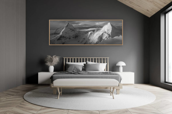 décoration chambre adulte moderne dans petit chalet suisse- photo montagne grand format - Panorama noir et blanc Cervin et Dent d'Hérens