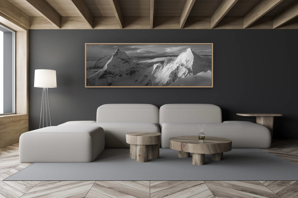 décoration salon chalet moderne - intérieur petit chalet suisse - photo montagne noir et blanc grand format - Panorama noir et blanc Cervin et Dent d'Hérens