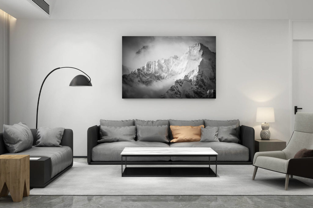 zeitgenössische Wohnzimmerdekoration aus der Schweiz - Geschenk für Schweizer Bergliebhaber - Val de bagne - Schwarz-Weiß-Foto Verbier - Wallis - Schweiz - Mont Dolent
