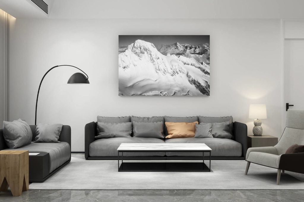 zeitgenössische Wohnzimmerdekoration aus der Schweiz - Geschenk für Schweizer Bergfreunde - Mont Dolent - Schwarz-Weiß-Foto Schweizer Berg und Berggletscher - Grand Combin und verbier