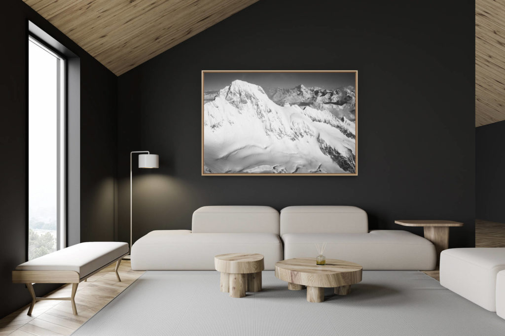 Dekoration Schweizer Chalet - Inneneinrichtung Schweizer Chalet - Bergfoto im Großformat - Mont Dolent - Schwarzweißfoto Schweizer Berg und Berggletscher - Grand Combin und verbier