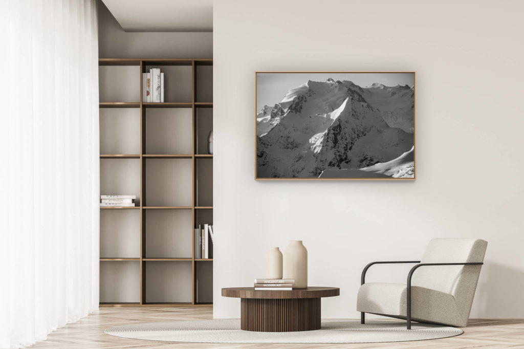 décoration appartement moderne - art déco design - Mont Rose - Obergabelhorn - Photo noir et blanc d'un lever de soleil sur les hautes montagnes de Zermatt - Nordend et la Pointe Dufour
