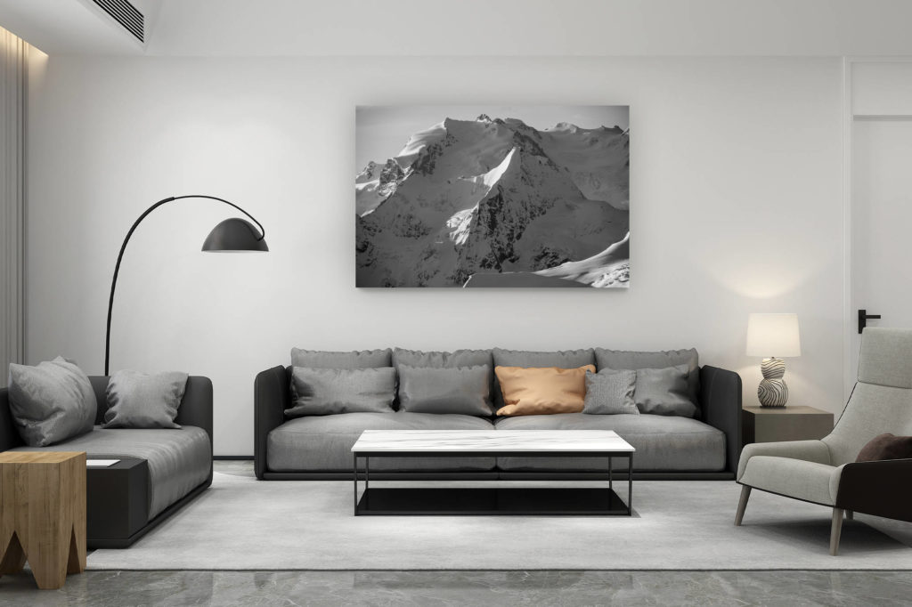 décoration salon contemporain suisse - cadeau amoureux de montagne suisse - Mont Rose - Obergabelhorn - Photo noir et blanc d'un lever de soleil sur les hautes montagnes de Zermatt - Nordend et la Pointe Dufour