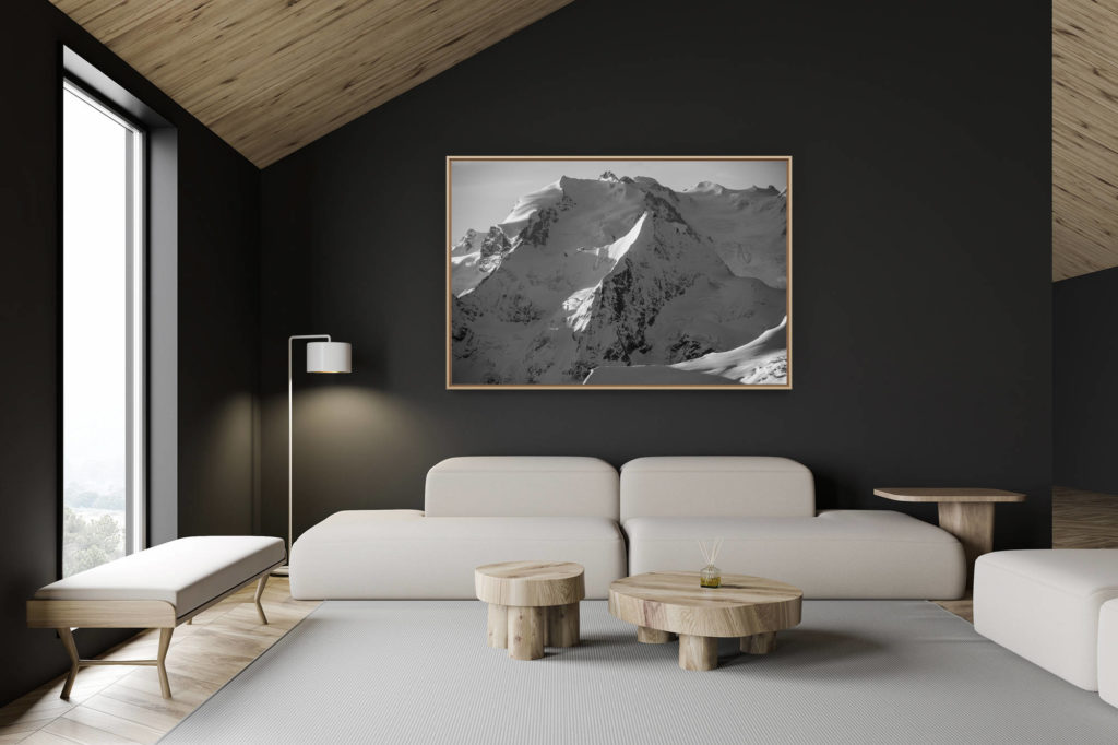 décoration chalet suisse - intérieur chalet suisse - photo montagne grand format - Mont Rose - Obergabelhorn - Photo noir et blanc d'un lever de soleil sur les hautes montagnes de Zermatt - Nordend et la Pointe Dufour