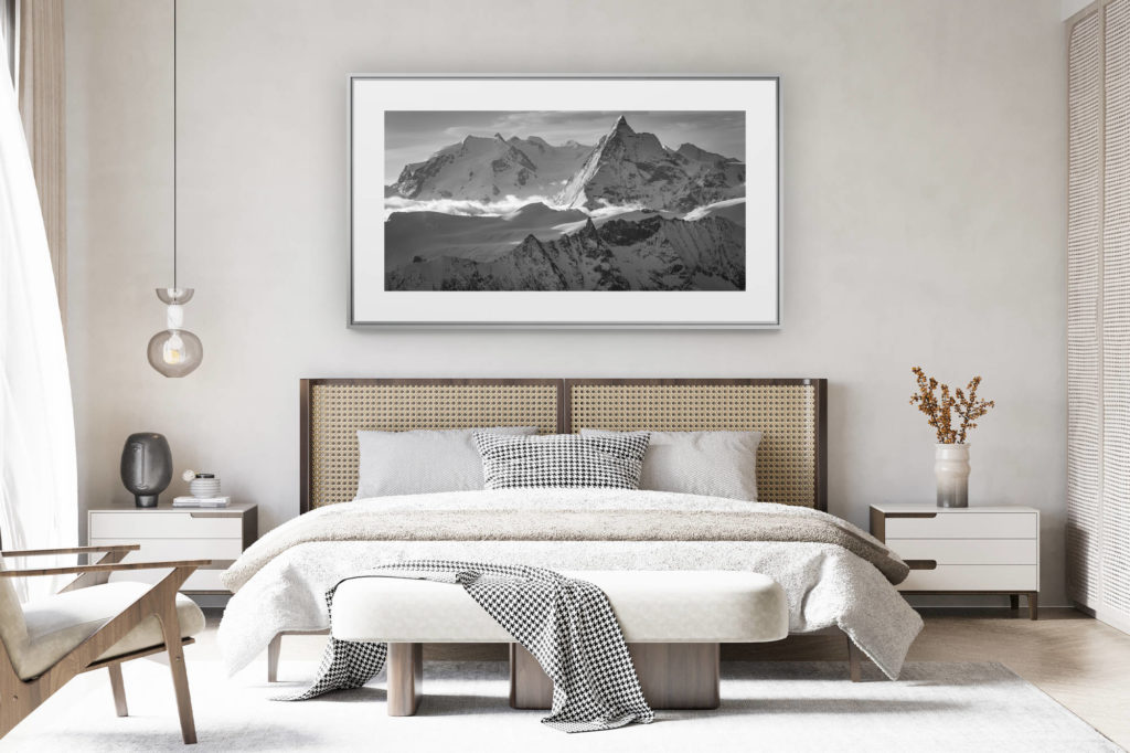 decorating a room in a renovated swiss chalet - panoramic mountain photo large size - Black and white panorama of the Monte Rosa and the Swiss mountains and summits of the Valais Alps - Tsa - The Matterhorn