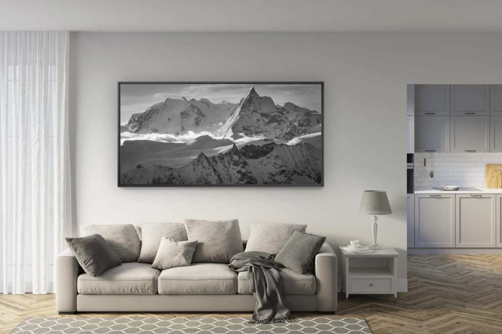 deco salon rénové - trend photo montagne grand format - Schwarz-weißes Panorama des Monte Rosa und der Schweizer Berge und Gipfel der Walliser Alpen - Tsa - The Matterhorn