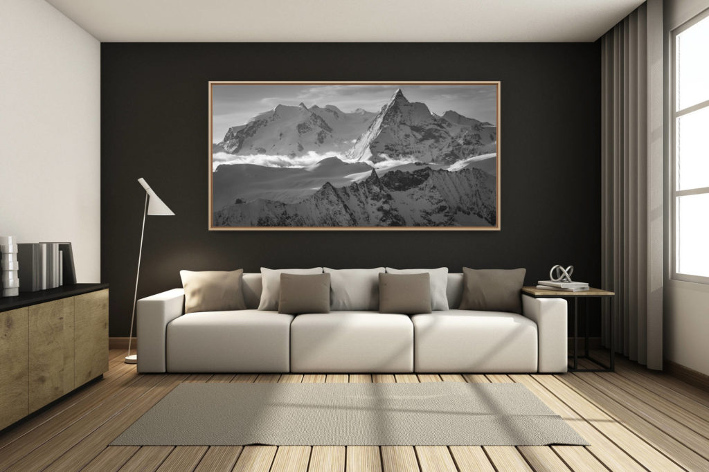 déco salon chalet rénové de montagne - photo montagne grand format -  - Panorama noir et blanc du Mont Rose et des Montagnes et sommets suisses des Alpes Valaisannes  - Tsa - Mont Cervin