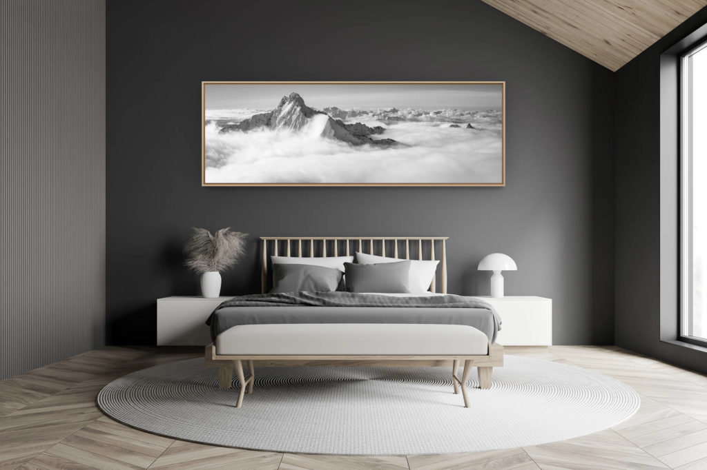 modern adult bedroom decoration in a small swiss chalet - large mountain picture - black and white mountain picture Davos - panoramic mountain picture - black and white aerial photo Monte Disgrazia