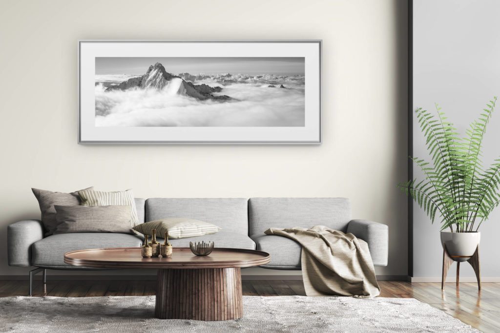 large size mountain picture - modern living room wall decoration - black and white mountain picture Davos - panoramic mountain picture - black and white aerial photo Monte Disgrazia