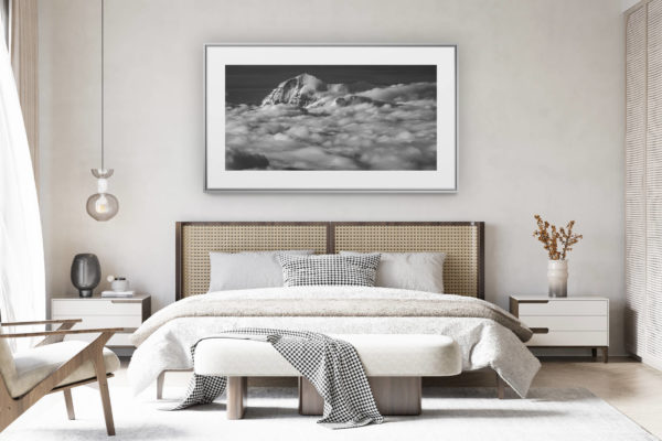 decorating a room in a renovated swiss chalet - panoramic mountain photo - Monte Leone - mountain photo to print in black and white - sea of clouds on the summits of Monte Leone in the Valais Alps in Switzerland