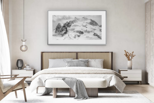 decorating a room in a renovated Swiss chalet - panoramic mountain photo large size - Monte Rosa - photo of a mountain landscape - Monte Rosa rocky massif in black and white - highest summit Switzerland