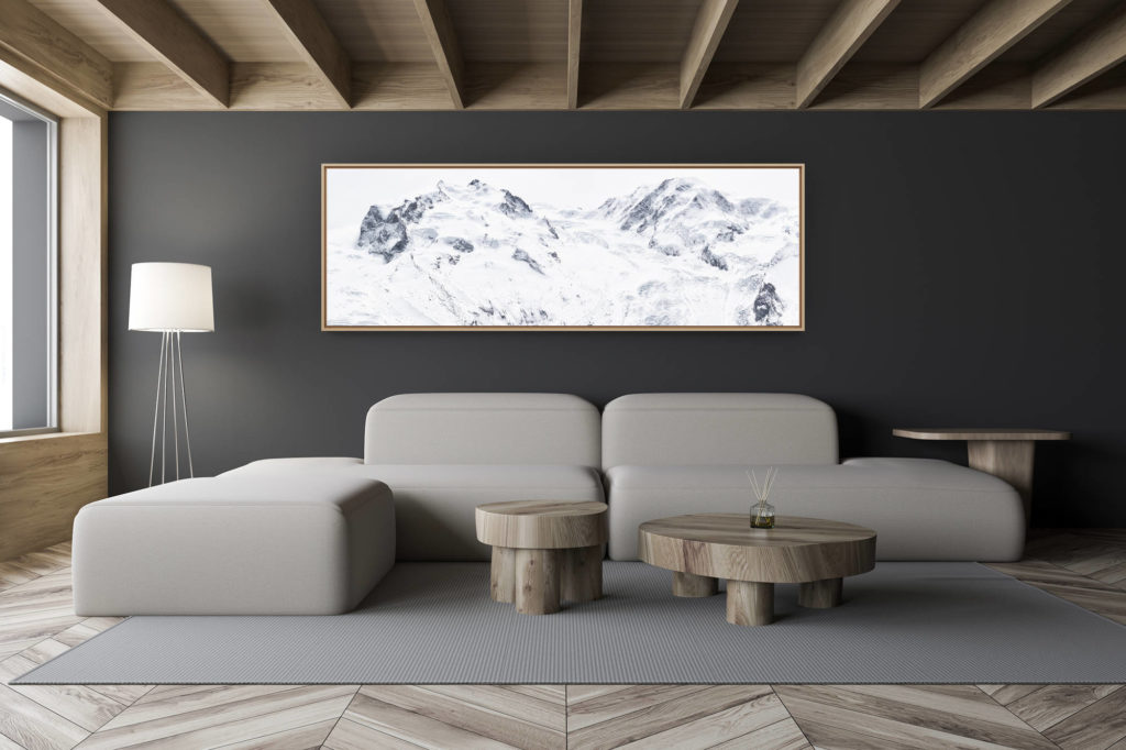 décoration salon chalet moderne - intérieur petit chalet suisse - photo montagne noir et blanc grand format - Mont Rose - Image paysage de montagne du massif montagneux en neige  du Monte Rosa en noir et blanc - Lyskamm