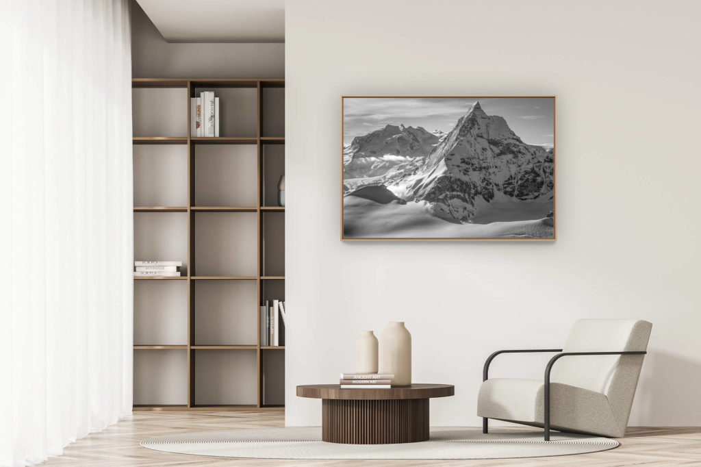 décoration appartement moderne - art déco design - Monte Rosa - Matterhorn - Massif du Mont Rose et photo noir et blanc du Mont Cervin sous les rayons de soleil - Pointe Dufour sommet de Suisse.