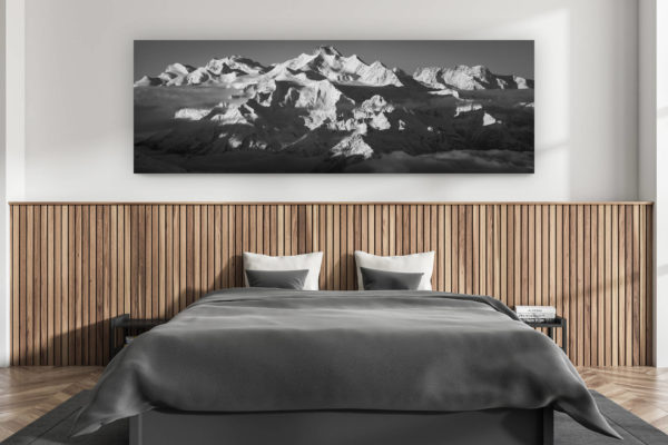 modern adult bedroom wall decor - swiss chalet interior - large size mountain picture swiss alps - panoramic picture of the mountains of Saas Fee - Panoramic view of the Mischabels - Panorama of the Mont Rose from Breithorn above Zermatt