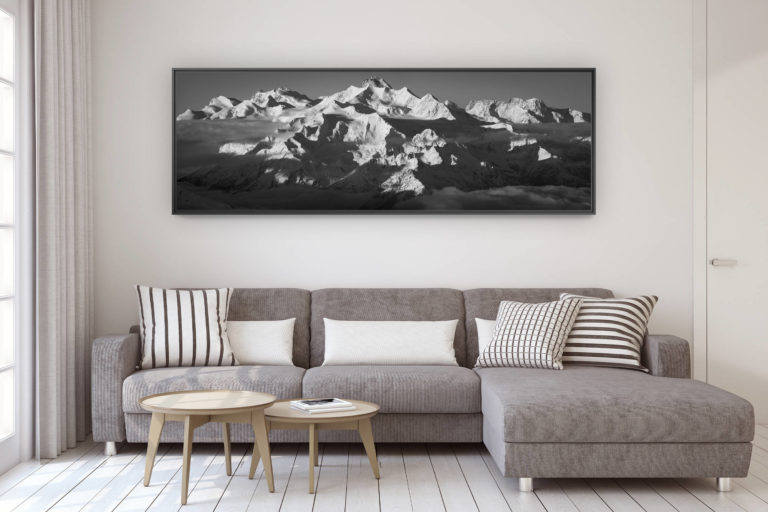 décoration murale design salon moderne - photo montagne grand format - image panoramique des montagnes de Saas Fee - Vue panoramique sur les Mischabels - Panorama du Mont Rose du Breithorn au dessus de Zermatt