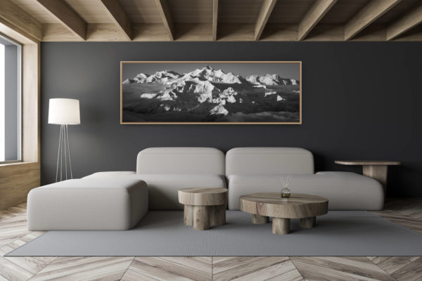 décoration salon chalet moderne - intérieur petit chalet suisse - photo montagne noir et blanc grand format - image panoramique des montagnes de Saas Fee - Vue panoramique sur les Mischabels - Panorama du Mont Rose du Breithorn au dessus de Zermatt